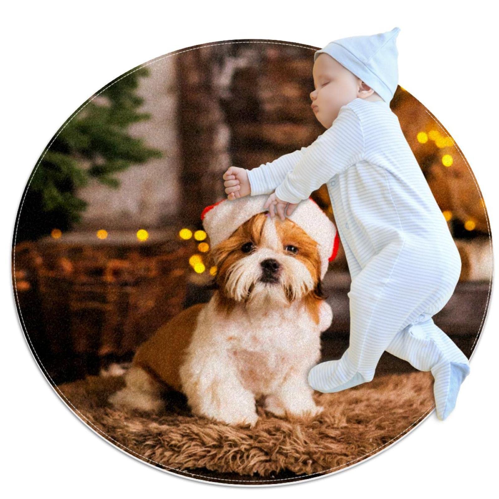 Tapis rond de Noël avec chien antidérapant et doux pour chambre ou salon 100x100cm