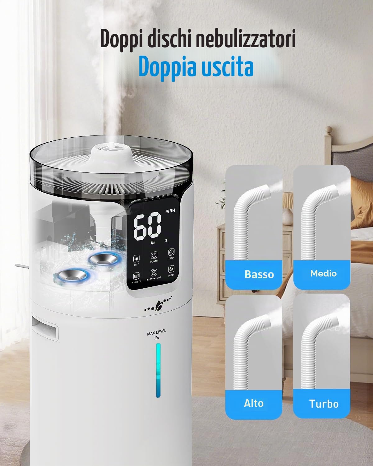 Umidificatori per grandi stanze di casa, 4,2 Gal/16 L silenziosi grandi umidificatori per tutta la casa 1000 mq, umidificatore da pavimento con riempimento superiore a nebbia fredda con vassoio per