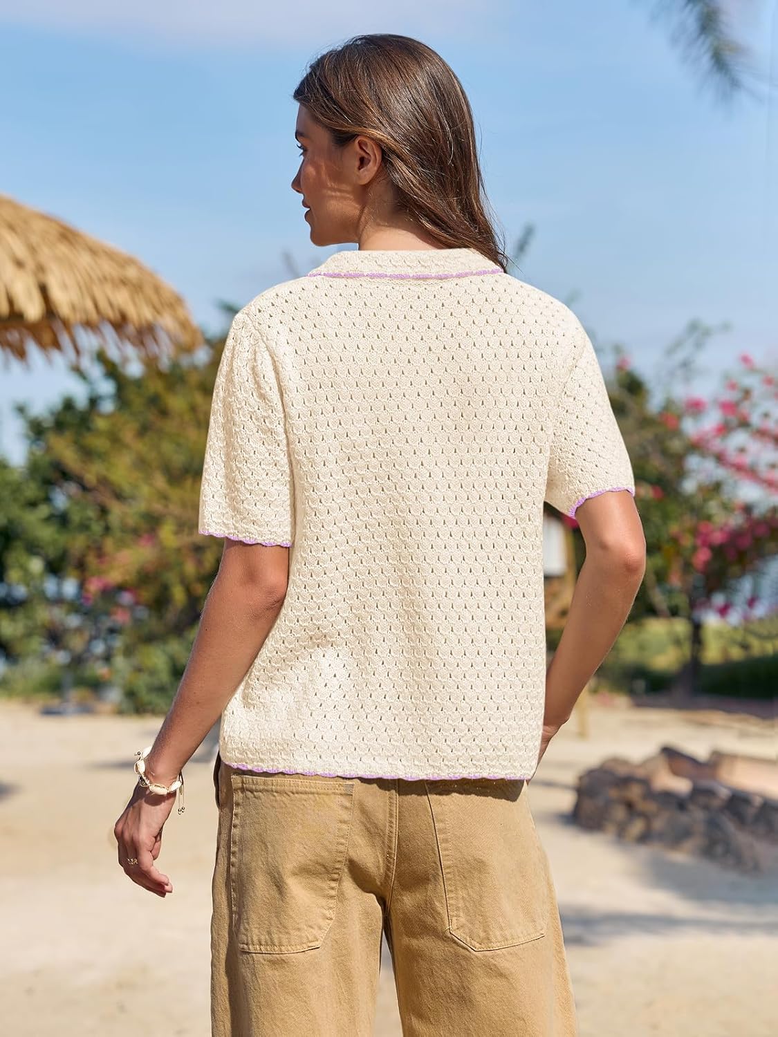 Yousify Womens Striped Short Sleeve Sweater Casual Knitted Button Down Crochet Cardigan Vintage Y2k Hollow-Out Tops - Image 6