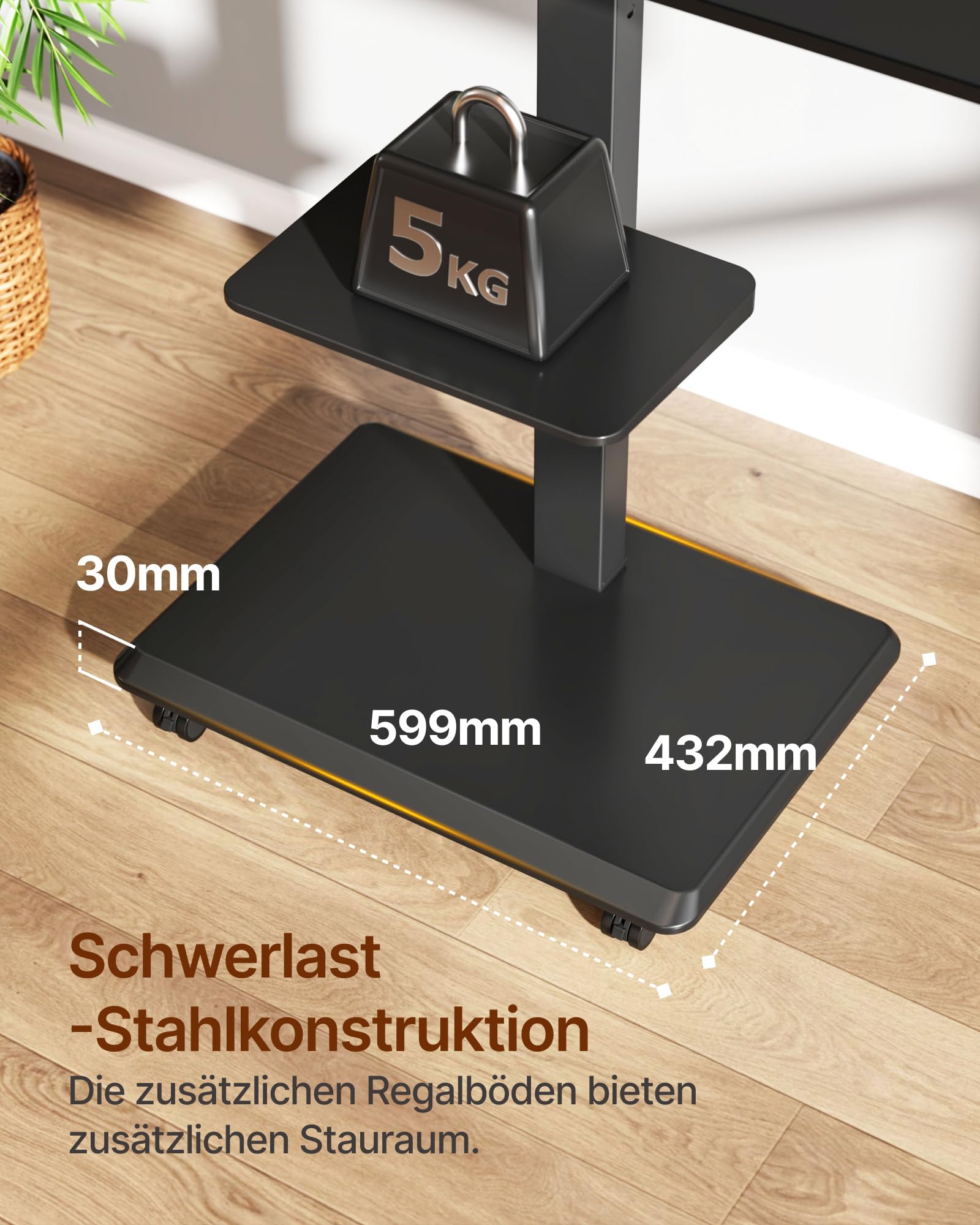TV Ständer Rollbar mit Steckdose, 37"-75", 50kg, Max VESA 600x400 | TV Standfüße mit Versteckter Kabelverwaltung, Höhenverstellbar, Schwenkbar, Neigbar, ±3° Niveau, Einfache Montage, Schwarz