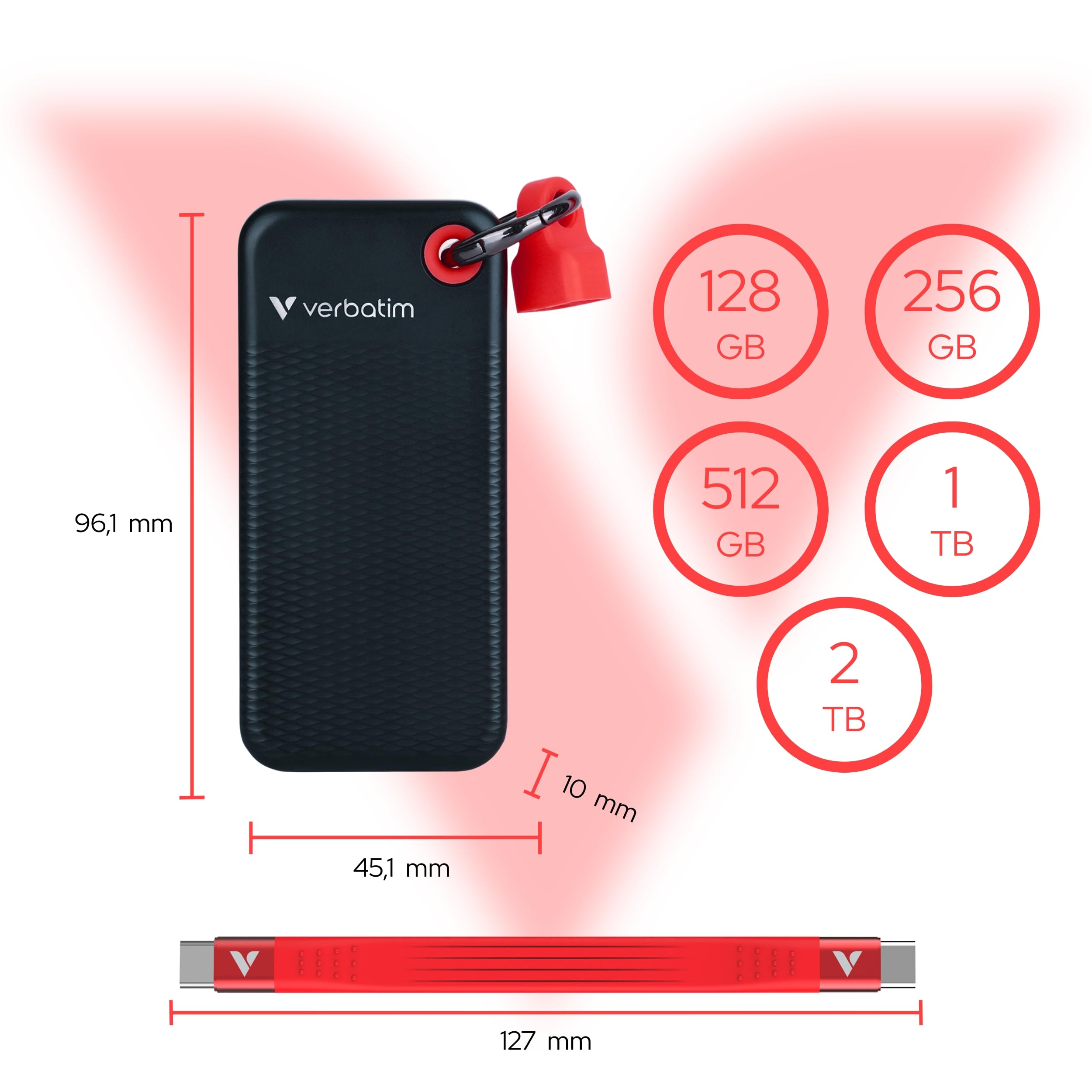 Verbatim Pocket SSD 256 Go, SSD Externe USB 3.2 Gen 2, jusqu'à 1000 Mo/s en Lecture et écriture, Disque Dur Portable pour PC, Mac et Console, Noir/Rouge