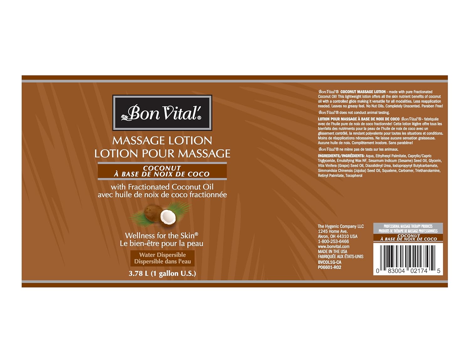 Bon Vital' Coconut Massage Lotion, 1 Gallon, Lightweight Formula with Pure Fractionated Coconut Oil, Professional Therapy Lotion, Hydrating and Unscented
