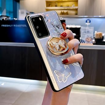 Kickstand Case for Galaxy S20 FE 5G, Cute 3D Rhinestones Marble Floral Butterfly with Ring Stand Mirror Shockproof Protective Cover for Girls Women for Samsung Galaxy S20 FE 5G Purple