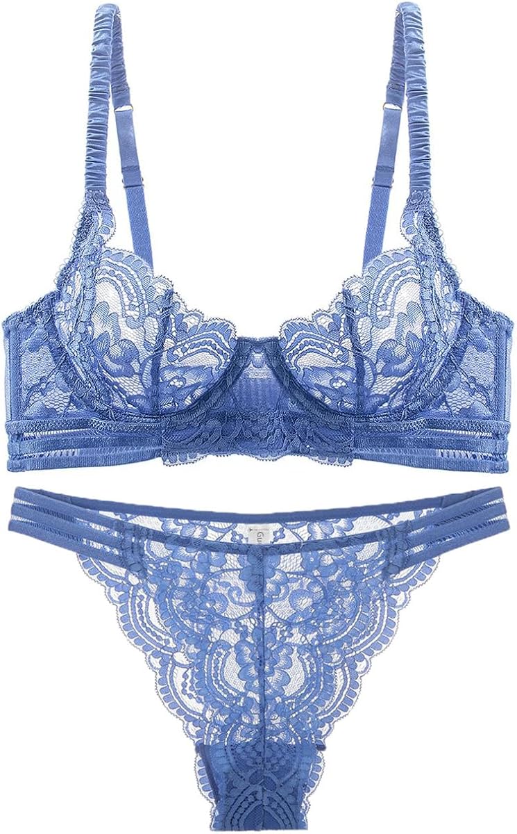Conjunto de sujetador y braguita de encaje sexy para mujer (talla de copa 32B-42D) Braguita de sujetador con aros de encaje floral de lencería de 2 piezas