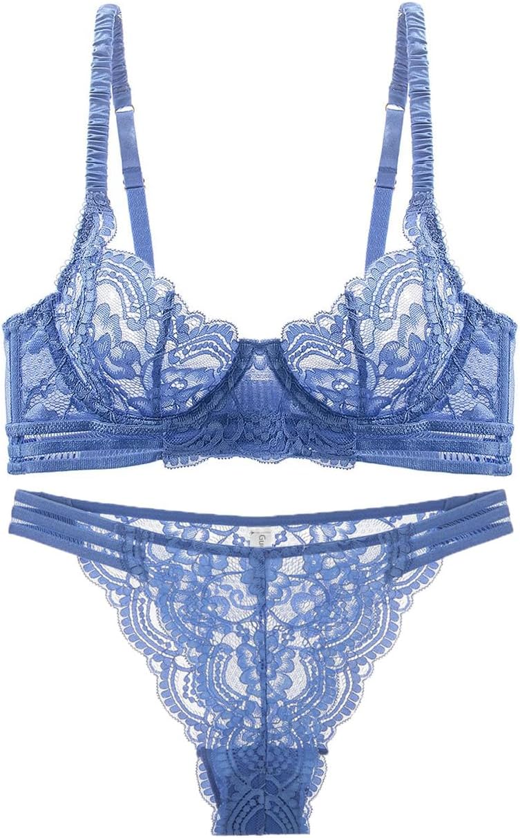 Guoeappa Women's Sexy Lace Bra and Panty Set (Cup Sized 32B-42D) 2 Piece Lingerie Floral Lace Underwire Bra Panty