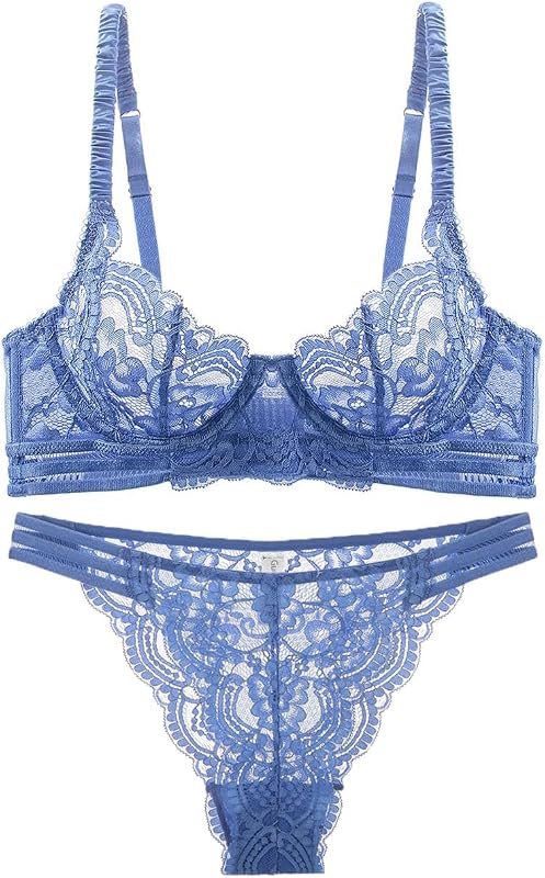 Conjunto de corpiño y braguita de encaje sexy para mujer (talla de copa 32B-42D) Braguita de corpiño con aros de encaje floral de lencería de 2 piezas