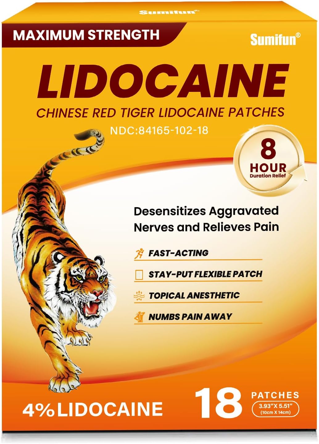 Sumifun 4% Lidocaine Pain Relief Patches,18 Count-Chinese Red Tiger Lidocaine Patches Maximum Strength Gel Patch for Muscule Sore Simple Backaches Joint Pain Topical Analgesic Odor Free