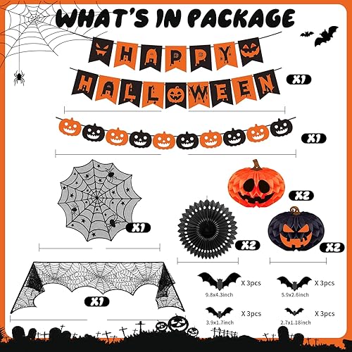 Miniatura 2 de Kit de decoración de fiesta de Halloween para interiores con bolas de papel de panal y abanicos, bufanda de mantel de chimenea, camino de mesa