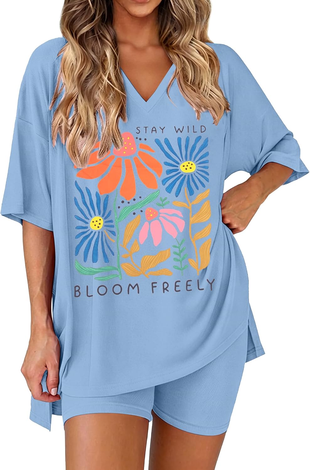 Women Graphic 2 Piece Tshirt Set Bloom Freely V Neck Oversized Shirts Funny Flower Biker Shorts Matching Outfit Clothes
