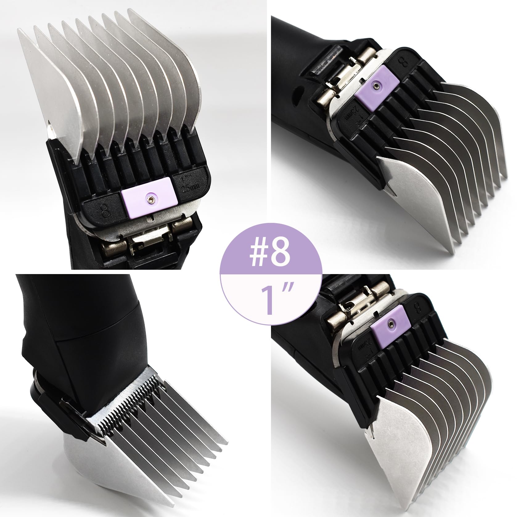 Lot de 4 peignes de protection en acier inoxydable pour toiletteurs d'animaux de style A5, 1,6 cm, 1,9 cm, 2,2 cm, 2,5 cm, compatibles avec les tondeuses Wahl KM Series Andis AG BG Oster A5 A6