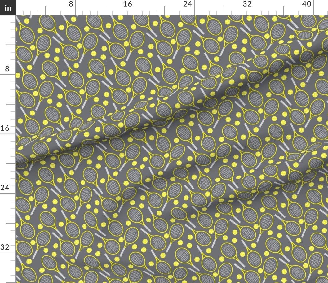 Spoonflower Fabric - Tennis Small Sports Outdoor Racket Balls Fun Scale Gray Yellow Printed on Cotton Poplin Fabric by The Yard - Sewing Shirting Quilting Dresses Apparel Crafts