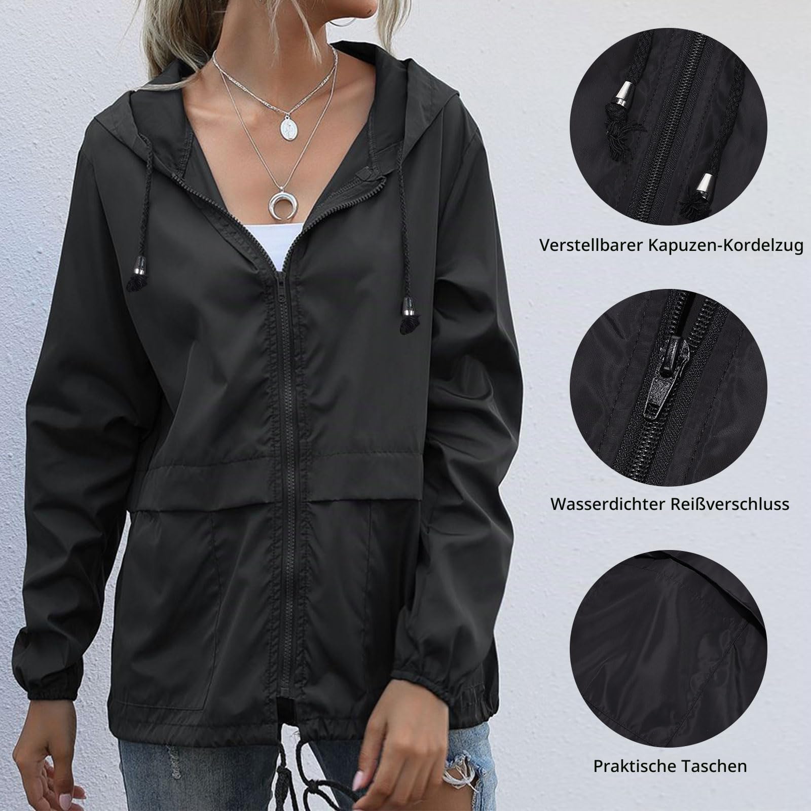 Leichte wasserdichte Damenjacke, verstaubarer Regenmantel, Regenjacke mit Kapuze für Outdoor-Wandern, Laufen, Radfahren