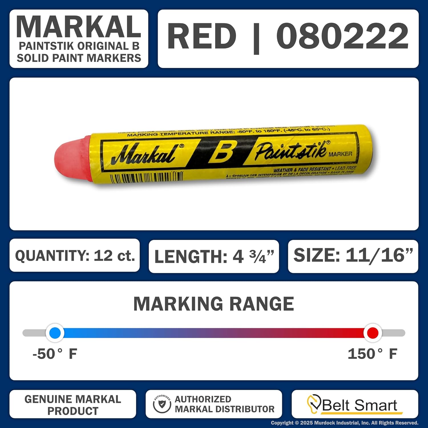 Genuine Markal 12-Pack Paintstik B Paint Markers - Permanent, Waterproof, UV Resistant for Metal, Wood, Tires - Made in USA - For Oily, Icy, Wet, Dry & Cold Surfaces w/Bonus Magnetic Grip (Red)