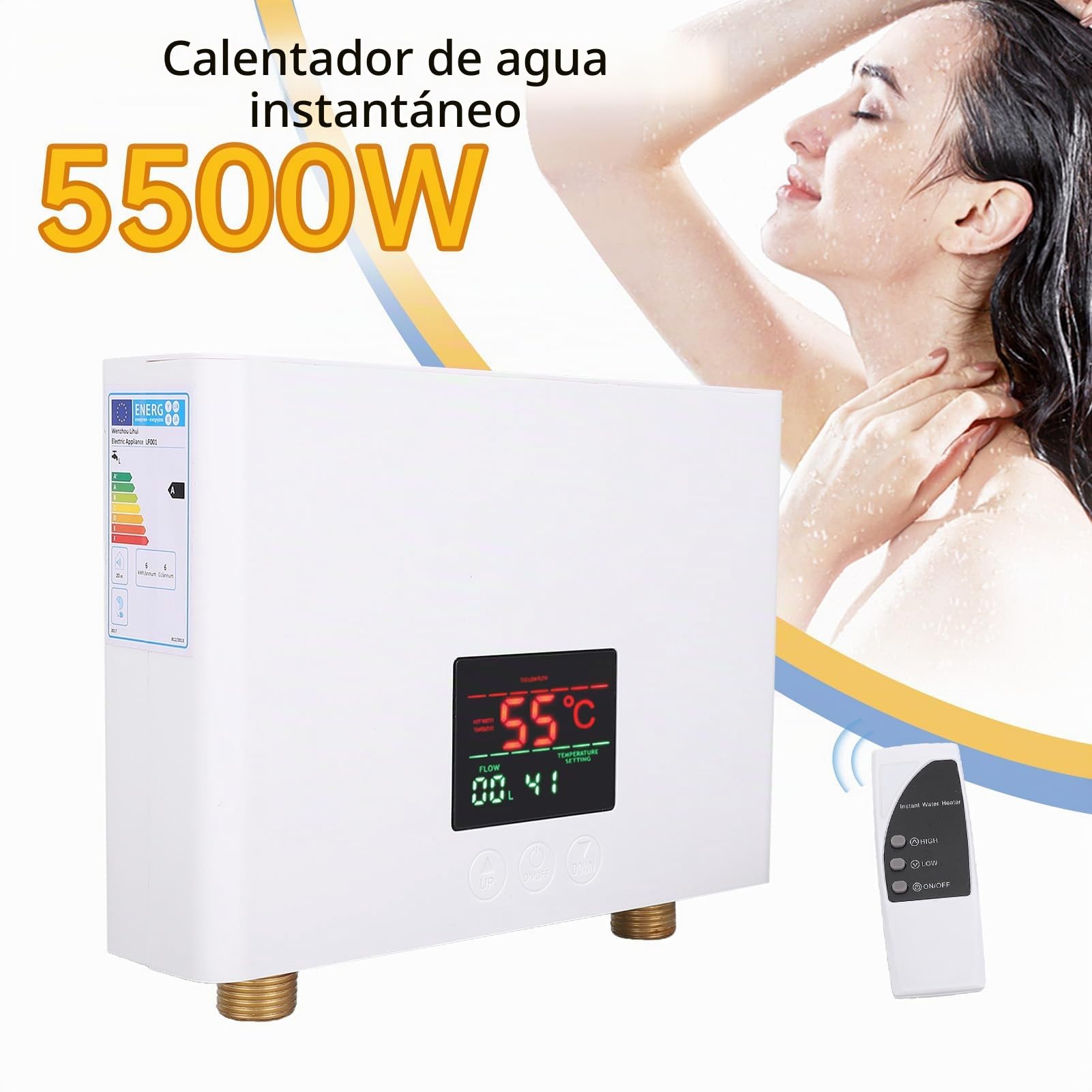 Calentador de agua instantáneo, 5500 W, mini calentador de agua eléctrico, montaje en pared, con indicador LED y mando a distancia, para casa, caravana, cocina, baño, color blanco