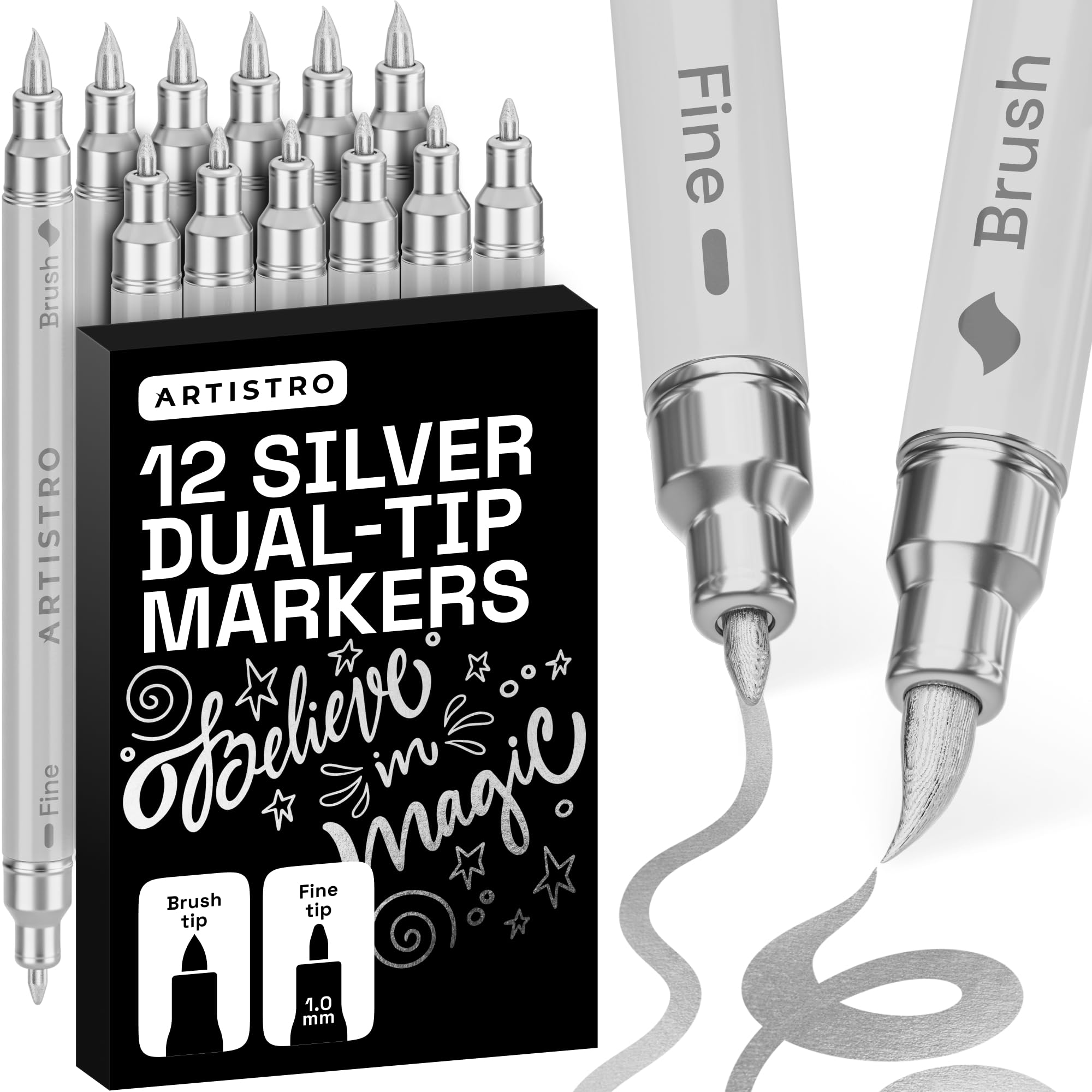 ARTISTRO 12 Silver Dual-Tip Acrylic Paint Marker Pens for Drawing