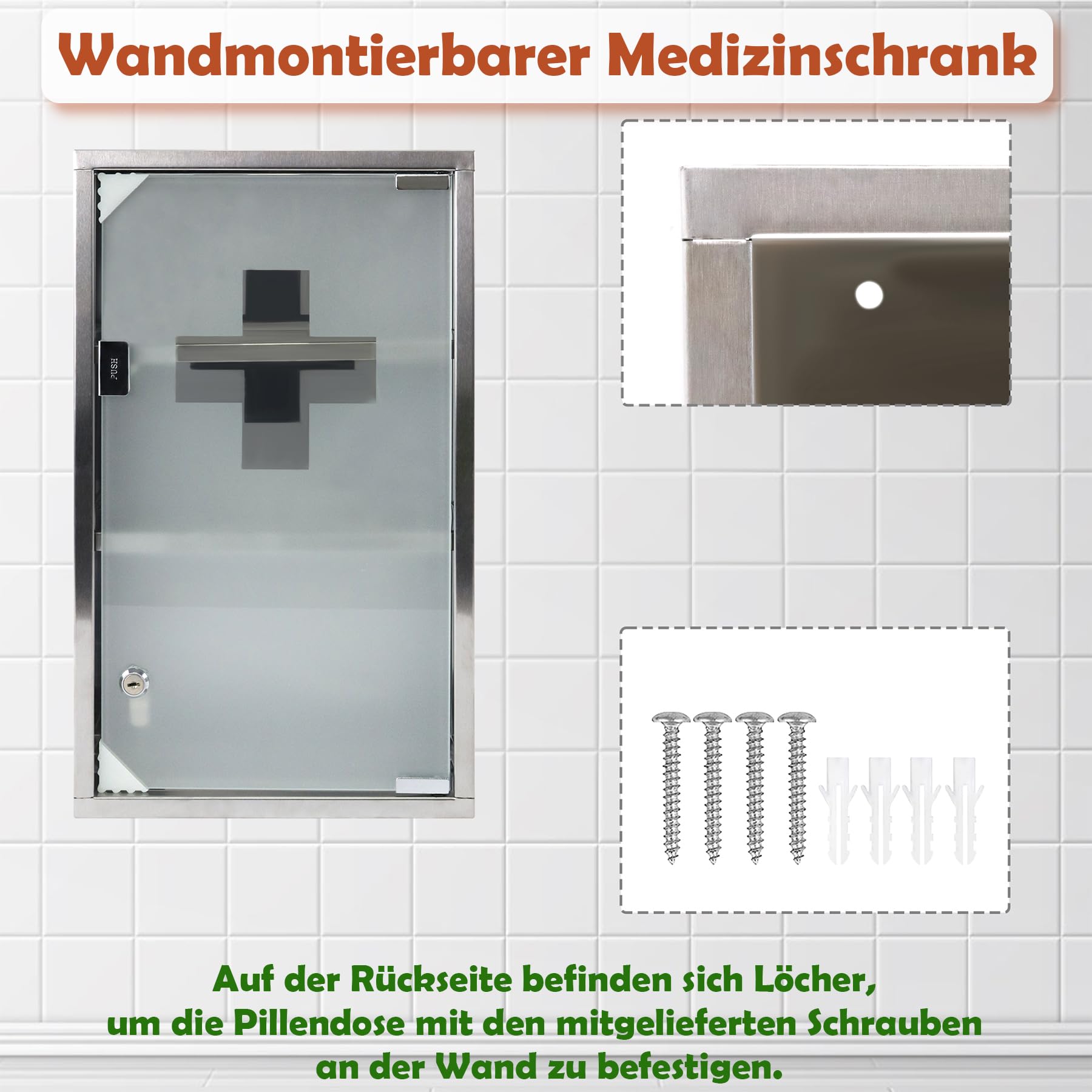LARS360 Armadietto per medicinali in acciaio inox, montaggio a parete, chiudibile, argento, 3 scomparti | Con porta in vetro e serratura, conservazione chiara, rilevamento rapido in caso di emergenza, ideale per bagno e casa