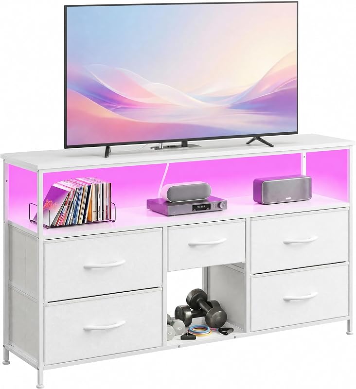EnHomee TV Stand for Bedroom with LED & Outlets, 5-Drawer Storage, White