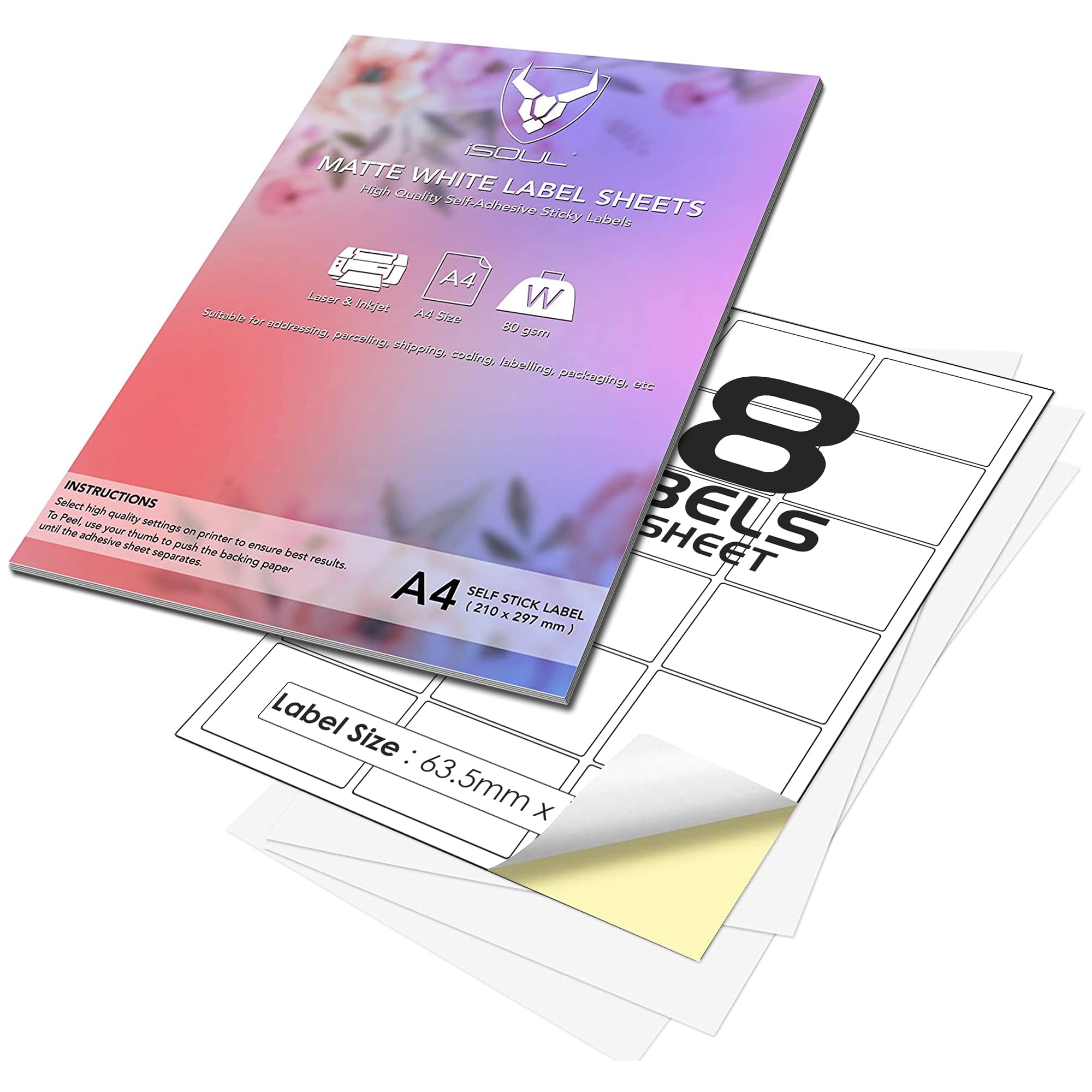 18 Per Page/Sheet, 50 Sheets (900 Sticky Label), iSOUL White Blank Matt Self-Adhesive A4 Address Shipping Labels Stickers, Laser Inkjet Compatible L7161/J8161 Printer Paper, 63.5 X 46.6 mm JAM Free — image 1
