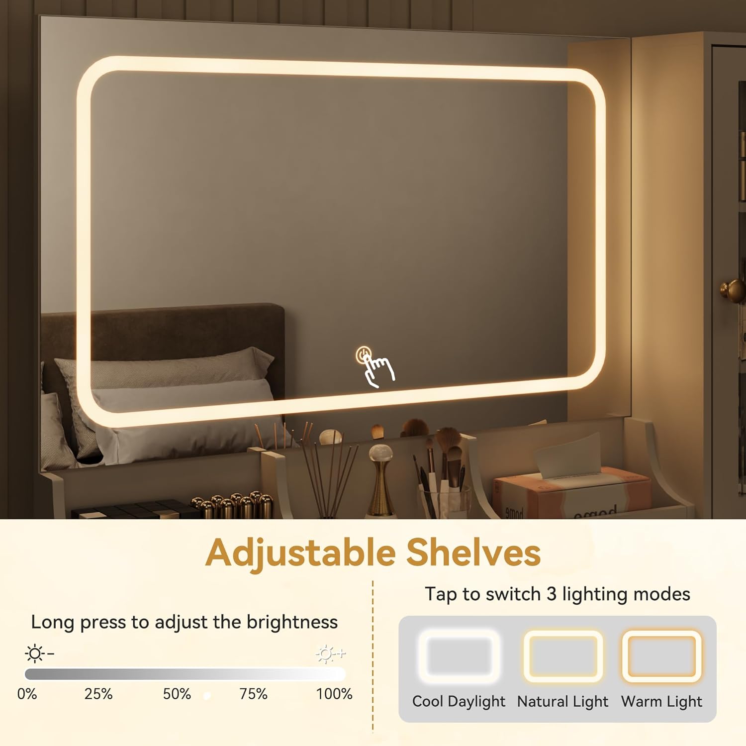 Vanity Desk with Mirror and Lights, White Makeup Vanity Desk with Glass Top, Fluted Vanity Table with 4 Drawers and Shelves,Wood Make Up Vanity Dressing Table for Bedroom