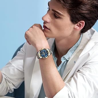 OLEVS Men's Waterproof Quartz Watch, Chronograph Stainless Steel Analog Watch for Men Functional Dial with Date Diamond Luminous Business Men's Watch