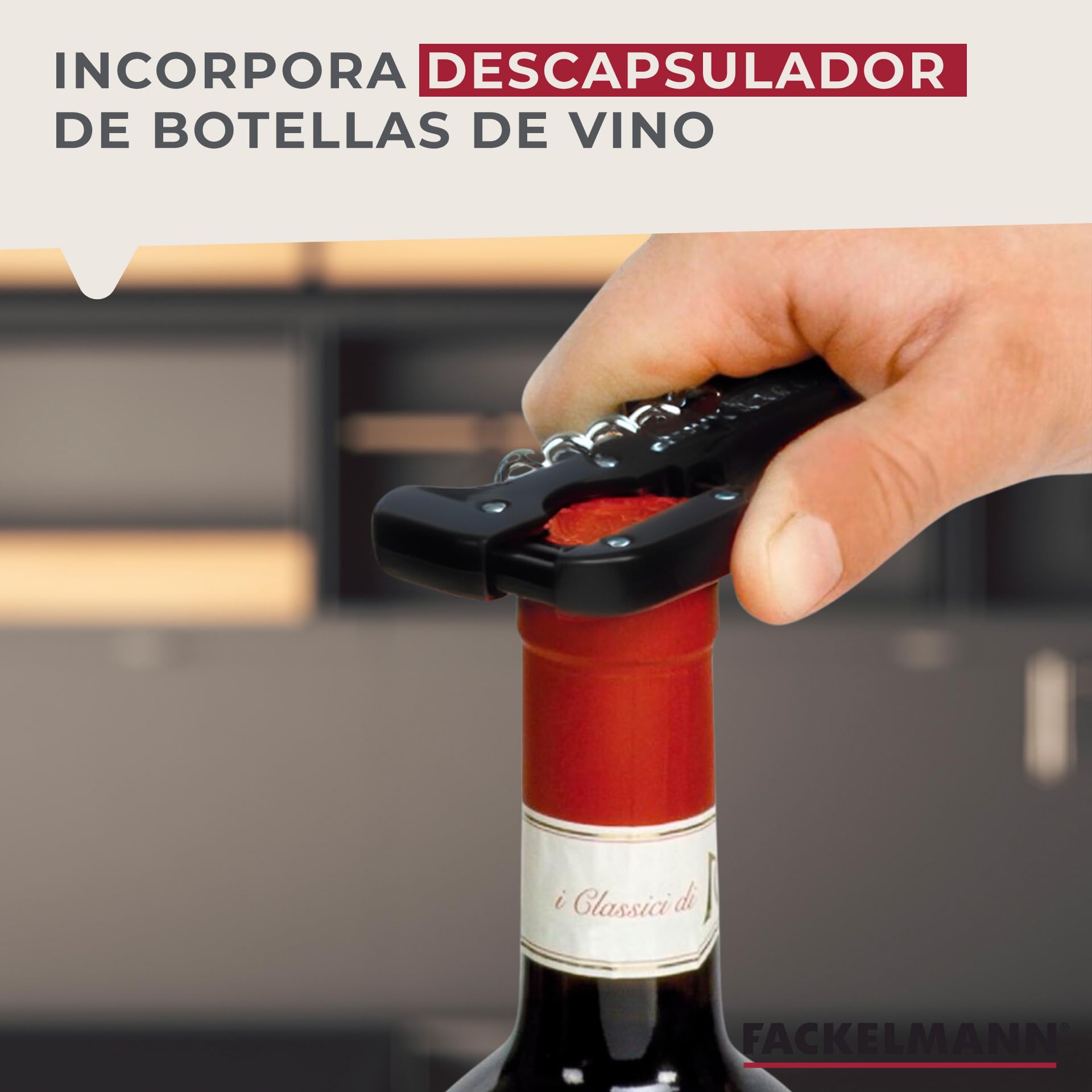 Fackelmann Sacacorchos de Camarero con Corta Cápsulas, Acero Inoxidable, Negro, 13x3,6 cm