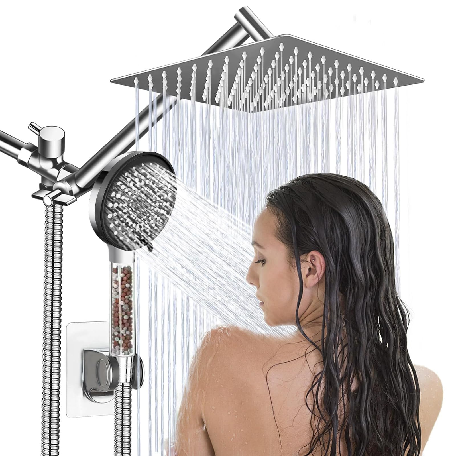 Filtered Shower Head,8”Rain Shower Head with Handheld Spray Combo with 11'' Angle Adjustable Extension Arm/Flow Regulator/Shower System,High Pressure Rainfall Shower Head Bathroom,Chrome
