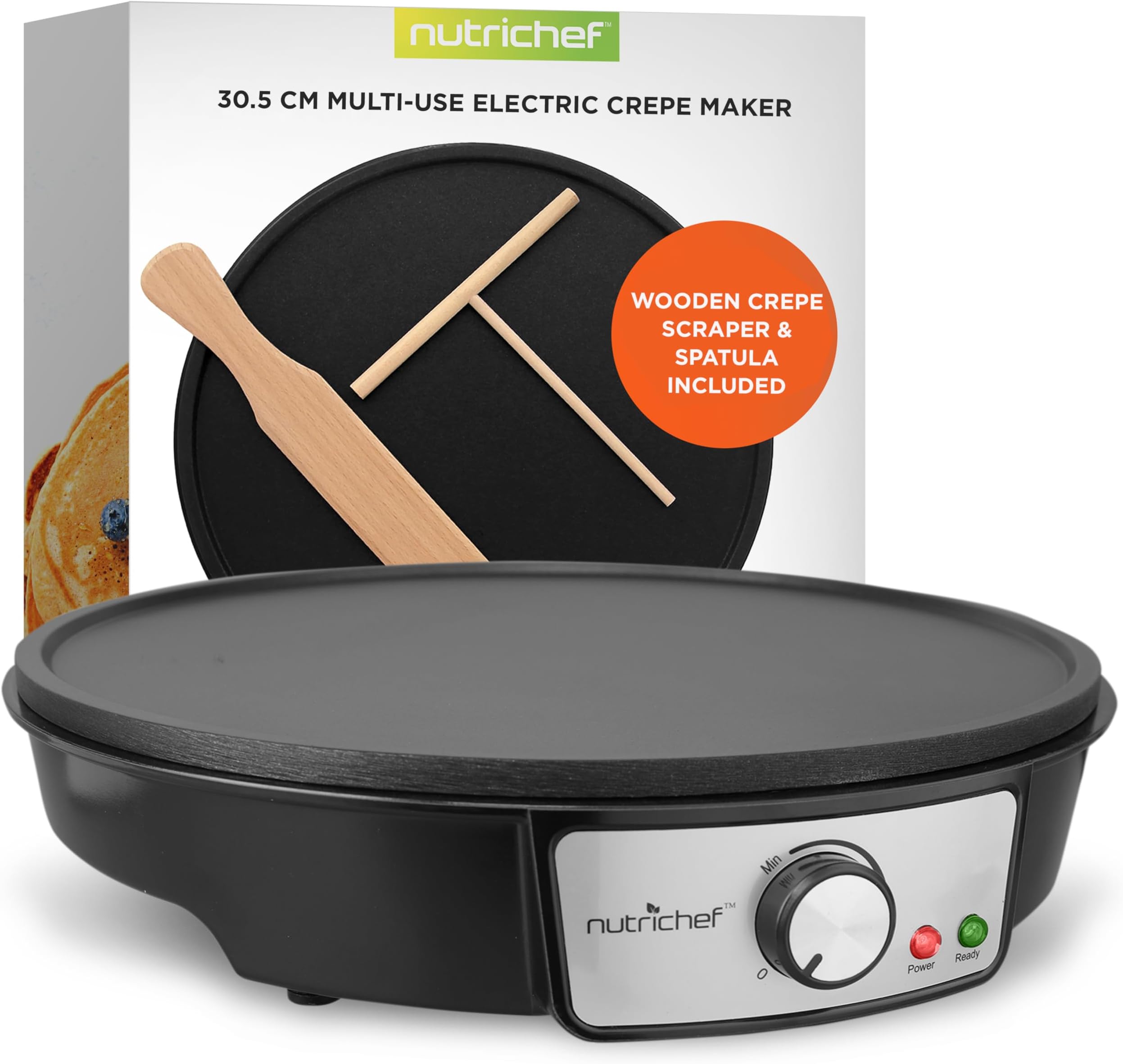 NutriChef Pancake Maker Electric Crepe Machine – Non-Stick 30 cm Hot Plate with Temperature Control & LED Light, Cook Crepes, Eggs, Omelettes | Includes Batter Spreader & Wooden Spatula