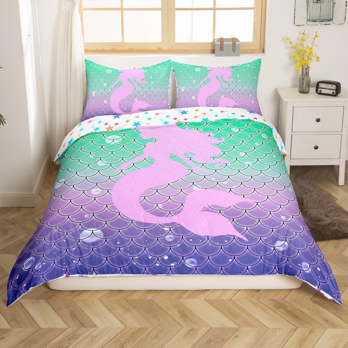 jejeloiu Mermaid Bedding Set Toddler Size Princess Decor Comforter Cover for Girls Teens Beige Duvet Cover Breathable Soft Lightweight Microfiber，No Comforter