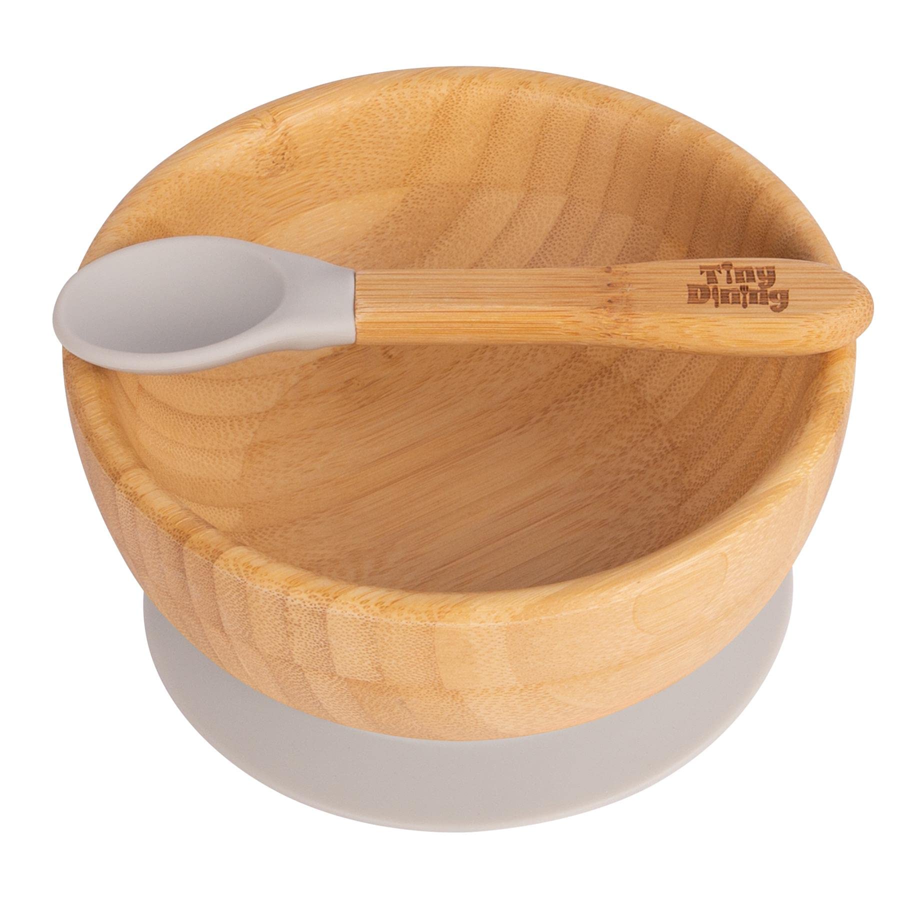 Children's Bamboo Dinner Dessert Cereal Bowl with Soft Tip Silicone Spoon Set - Great for Baby Toddler Weaning - Eco Friendly Kids Food Bowls - by Tiny Dining (Grey)
