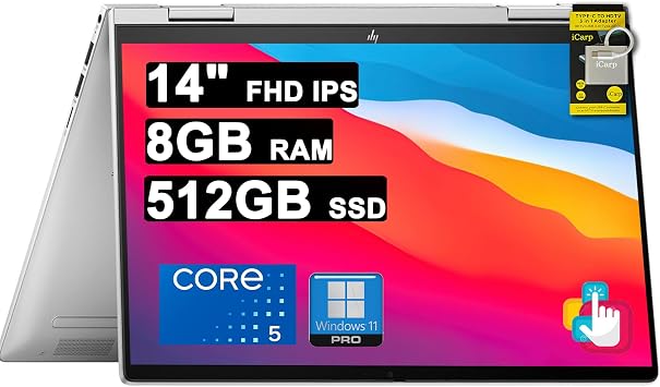 HP Envy x360 2-in-1 PC Laptop 14" FHD IPS Touchscreen Intel 10-core 5 120U >i7-1355U 8GB RAM 512GB SSD Backlit Fingerprint Type-C Wi-Fi6E 5MP Privacy Camera Poly Studio Win11Pro ICP Hub