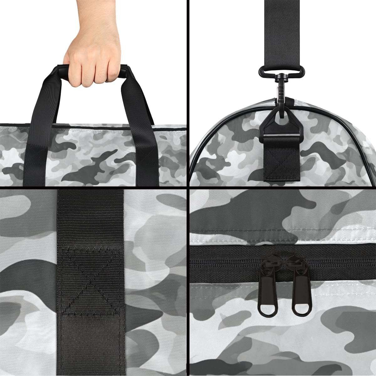 Camo Light Grey Pattern Travel Duffel Bag Sports Tote Gym Bag with Wet Pocket & Shoes Compartment Foldable Weekender Workout Bags Carry on Luggage Handle Overnight Bags for Women