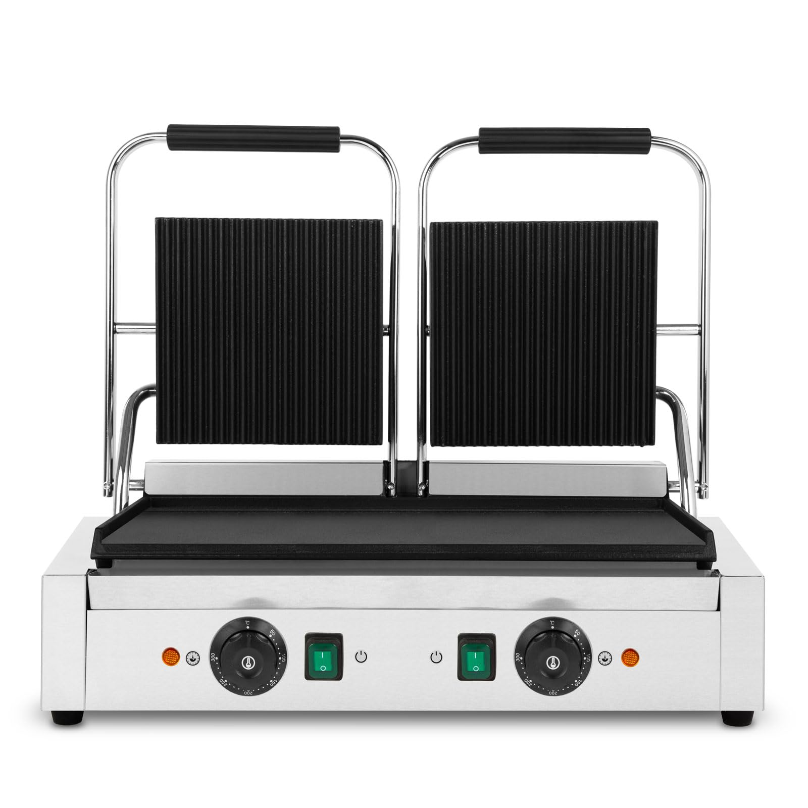 VERTES Kontaktgrill doppelt, Gusseisen Grillplatte oben gerillt/unten flach, 3600 W Gastro Multigrill für Fladenbrot, Fleisch, Gemüse, Sandwich, Edelstahlgehäuse, regelbar 0-300°C, teflonbeschichtet