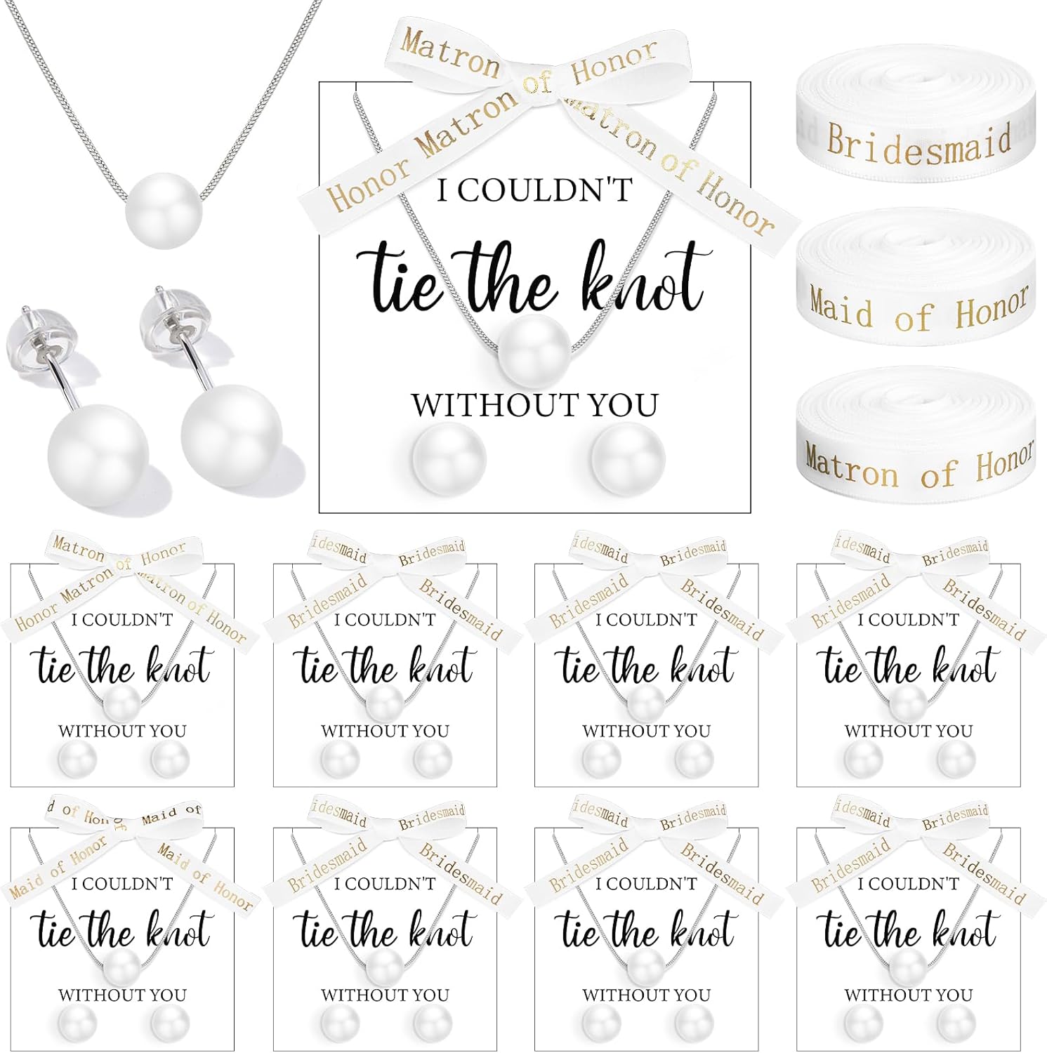 Highergo 8 Set Bridesmaid Proposal Gifts 8 Pcs Silver Pearl Necklaces 8 Pairs Earrings Wedding Bridesmaid Proposal I Couldn't Tie a Knot Without You Wedding Bridesmaids Jewelry Gifts