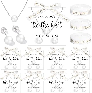 Highergo 8 Set Bridesmaid Proposal Gifts 8 Pcs Silver Pearl Necklaces 8 Pairs Earrings Wedding Bridesmaid Proposal I Couldn't Tie a Knot Without You Wedding Bridesmaids Jewelry Gifts