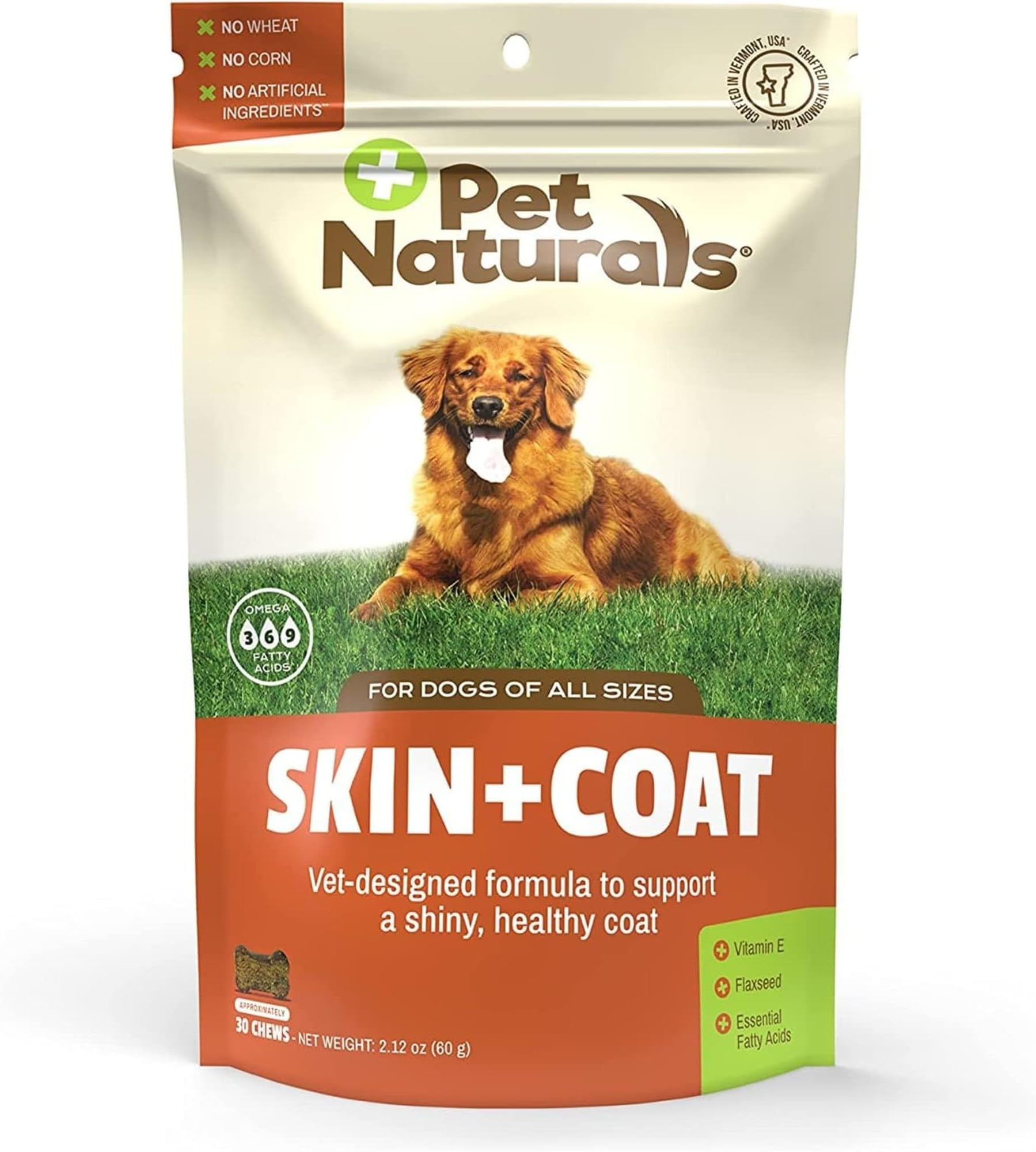 Pet Naturals Skin and Coat for Dogs, Bite-Sized Soft Chews, Salmon Oil and Omega Fatty Acids, Soothe Dry and Itchy Skin, No Corn or Wheat, Vet Formulated, Veggie Flavor, 30 Count