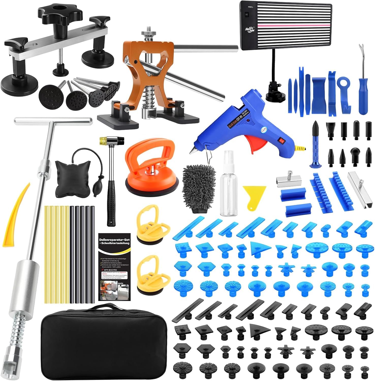 Dellen Reparaturset Auto – PDR Ausbeulwerkzeug Set lackfrei mit LED Dent Board, Gleithammer, Zugbrücke & Dent Puller – Für Auto Beulen, Hagelschäden, kleine & große Dellen
