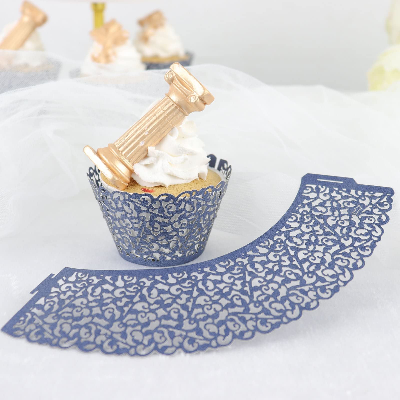 Tableclothsfactory 25 Pack | Navy Blue Lace Laser Cut Paper Cupcake Wrappers, Muffin Baking Cup Trays