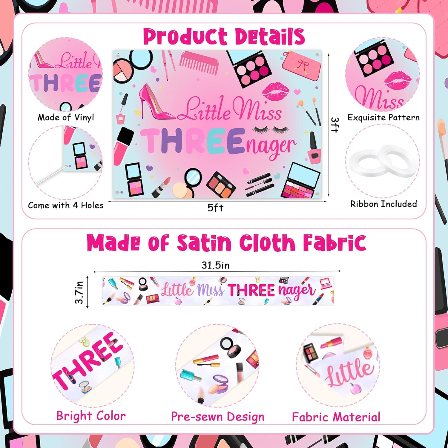 Little Miss Threenager Birthday Decoration Makeup Theme Backdrop Banner Cake Topper Sash Honeycomb Centerpiece Hanging Steamer Latex Balloon for Girl Spa 3rd Birthday Party Decoration