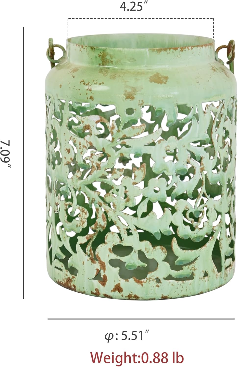 Vintage Metal Candle Lanterns with Handle Rustic Distressed Light Green Decorative Candle Holder with Floral Cut-Out Design for Home, Garden, Patio, Porch, Parties, Weddings Decor