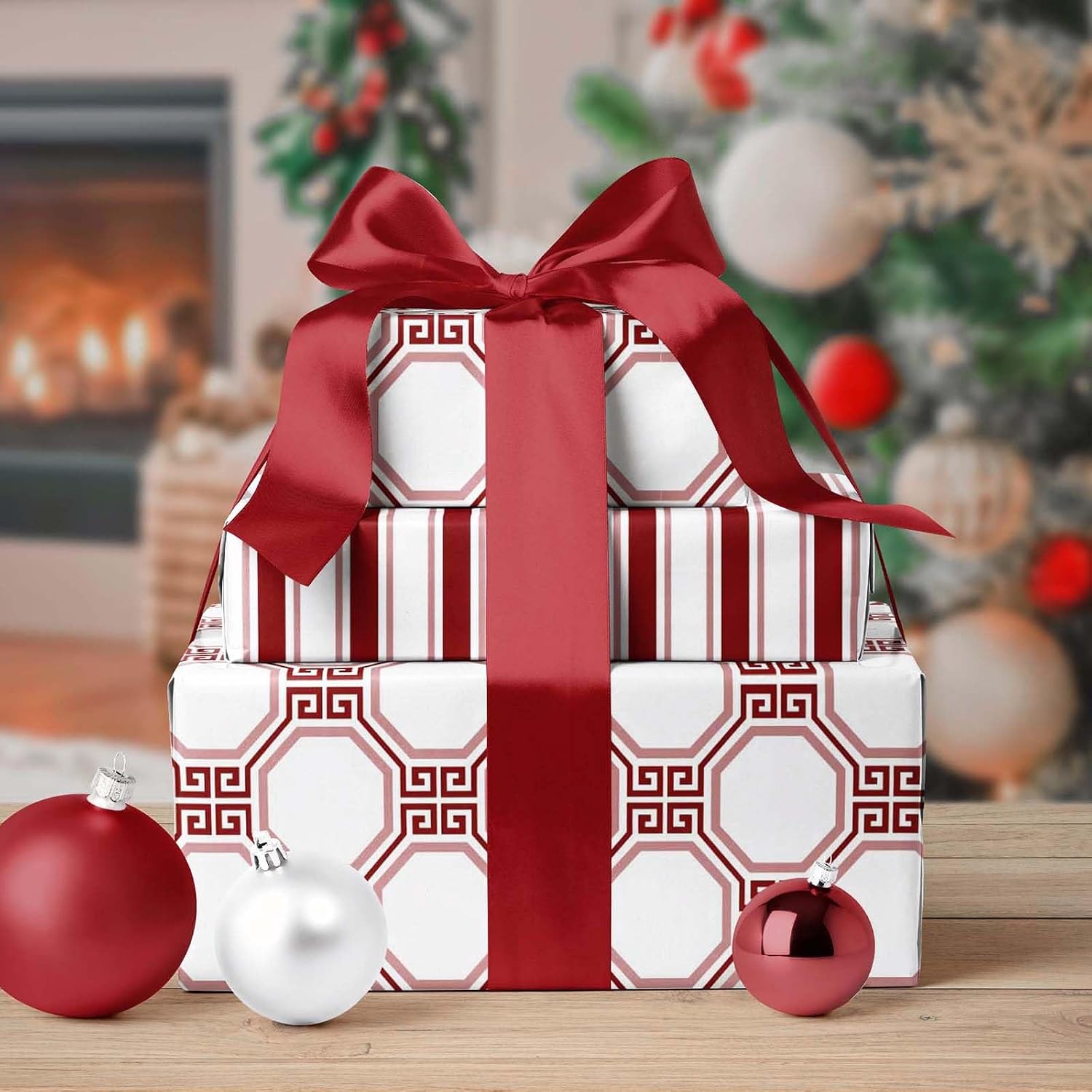 LaRibbons Reversible Minimalist Christmas Wrapping Paper, Greek Key Geometric & Striped Design - Burgundy Pink Modern Gift Wrap for Birthday, Holiday, Xmas Party Celebration, 17 Inch × 33 Feet image 5