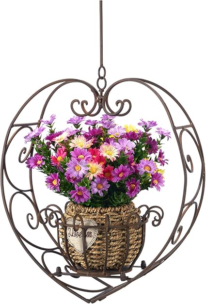 Hanging Plant Holder,Wrought Iron Heart Shape Plant Pot Holder, Indoor & Outdoor Hanging Planters Holder for Patio, Porch, Bedroom, Living Room Raw Embroidery Color