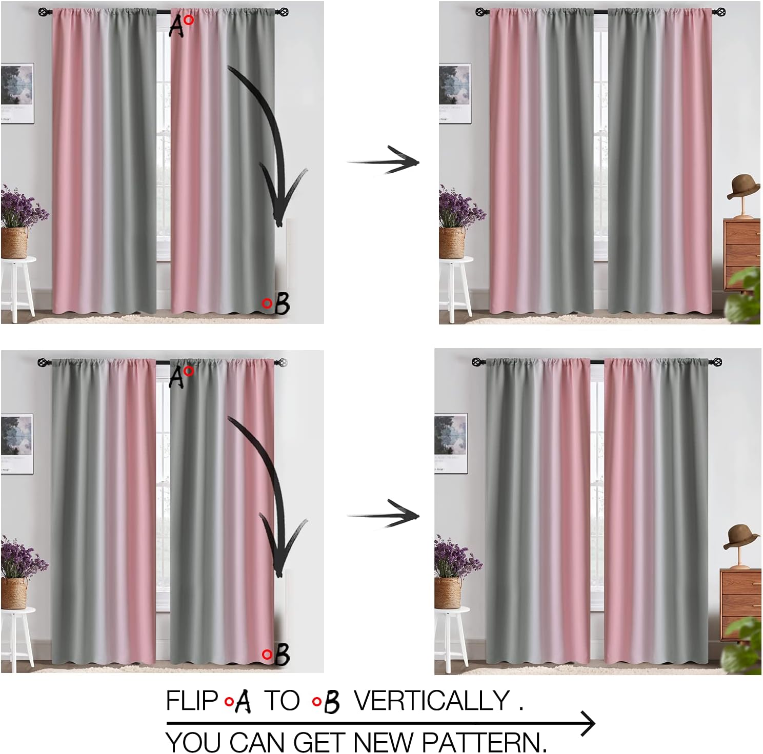 COSVIYA Ombre Room Darkening Curtains 84 inches Length for Living Room, Light Blocking Pink and Grey 2 Tone Reversible Rod Pocket Gradient Window Drapes for Kids Bedroom, 2 Panels, 52 inches Wide