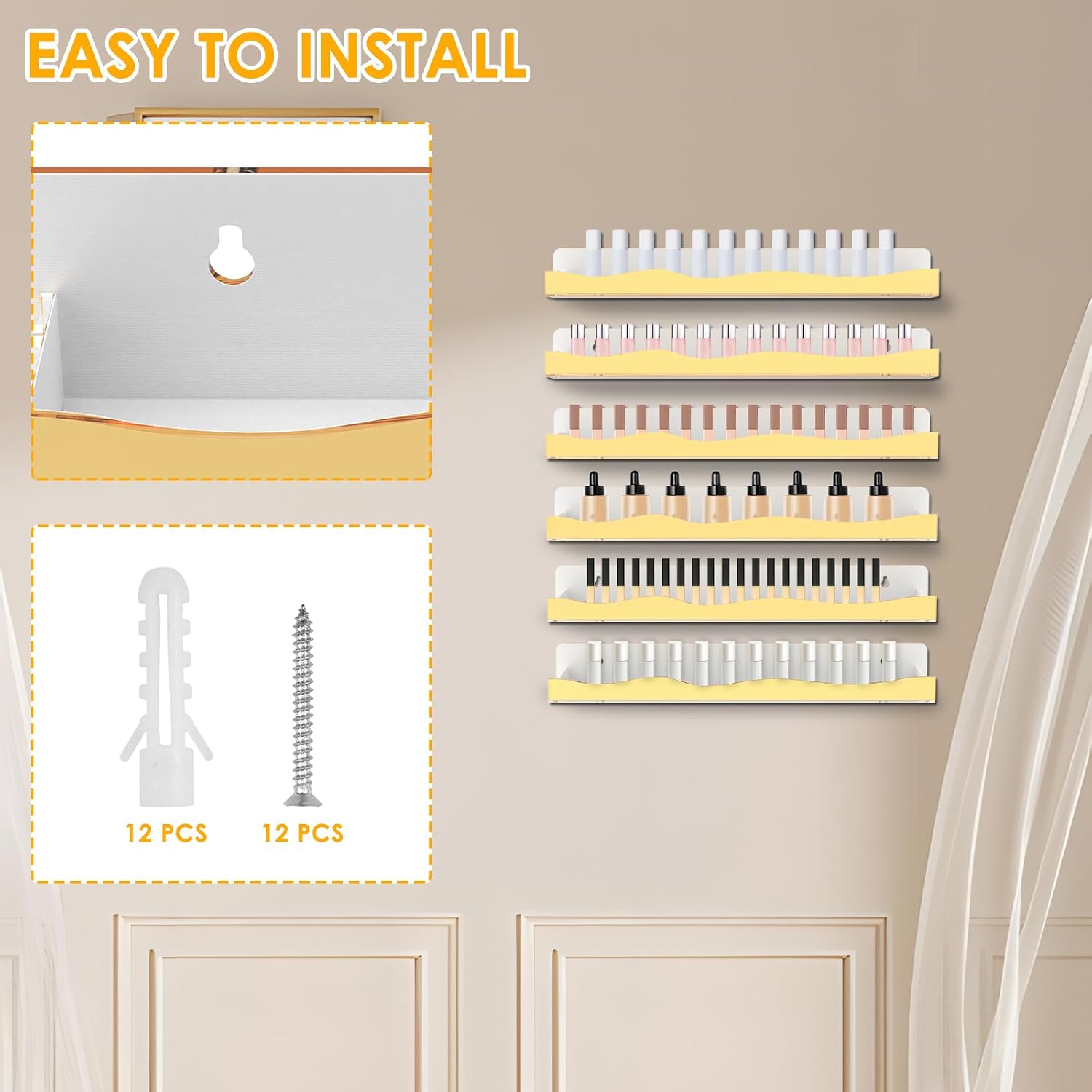 6Pcs Gold Tone Acrylic Nail Polish Wall Racks, 15 Inch Nail Polish Wall Mounted Shelf, Anti Scratch Walls Mounted Sunglasses Essential Oil Display Racks for Salons Retailers Display, Ideal Gift