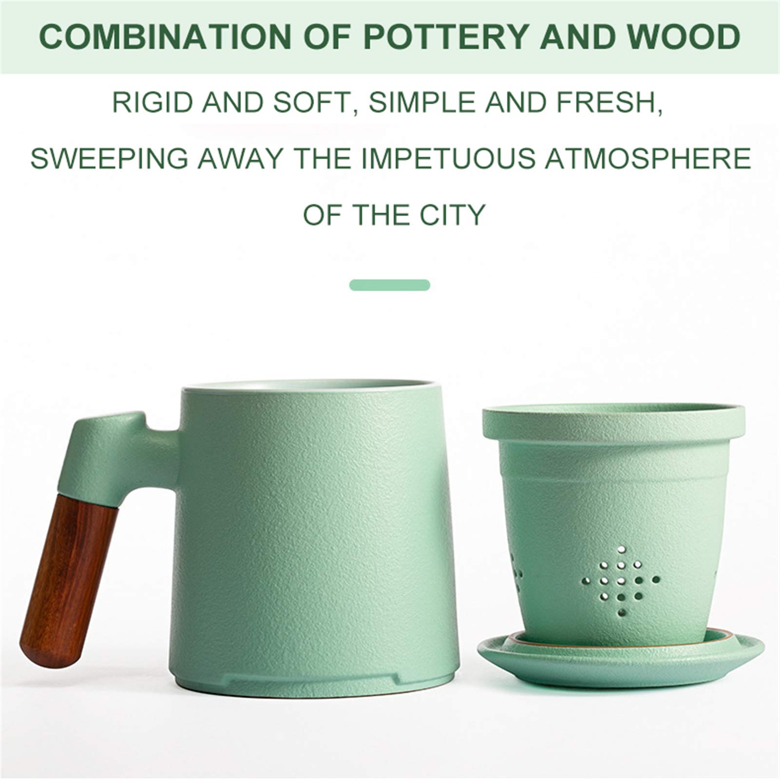 Teetasse Mit Deckel Sieb Und Holzgriff Porzellan Teebecher, 400ml Plastikfrei Cup Keramikbecher Set Zum Einweichen Von Tee, Für Büro Zuhause Oder Geschenk (Hellgrün)