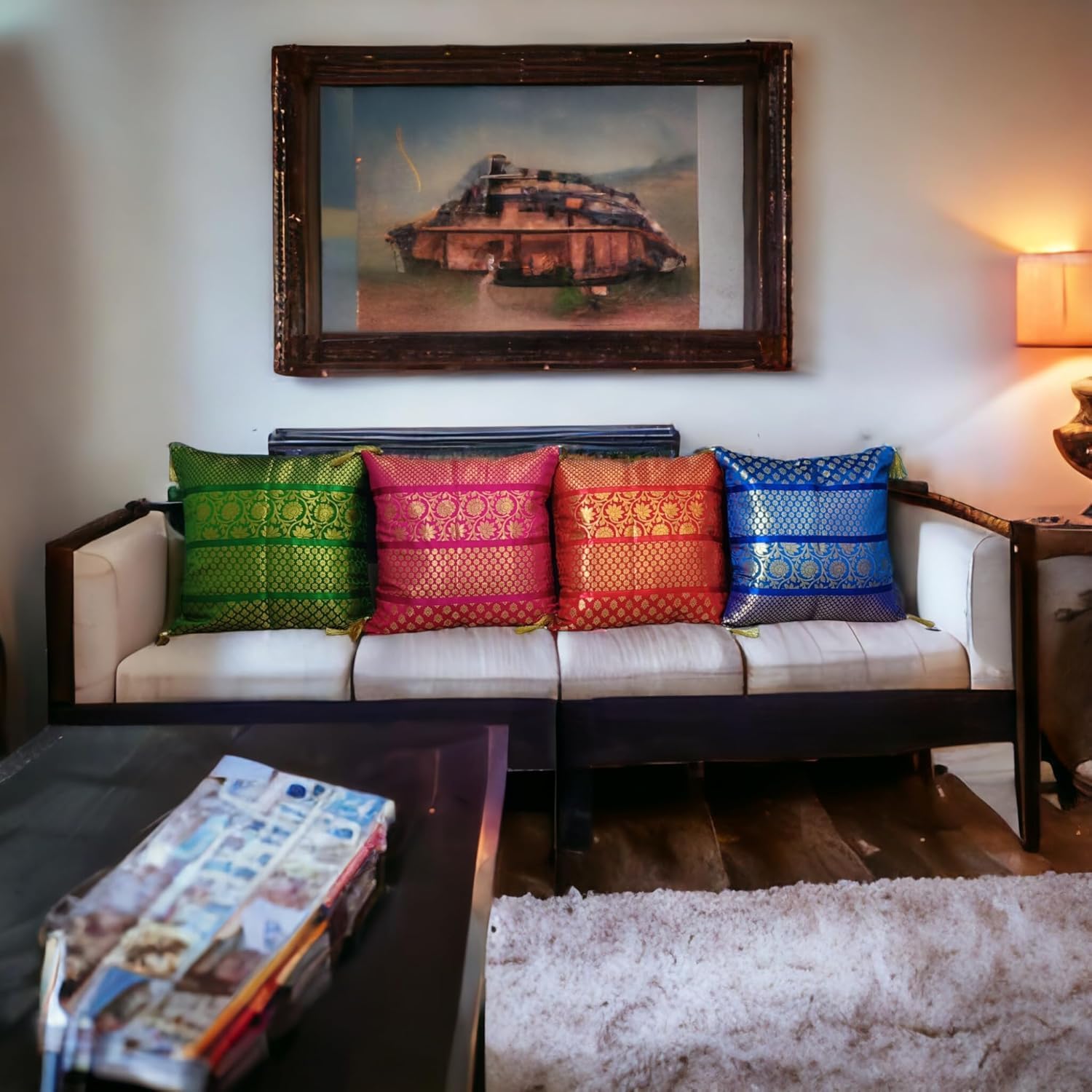 YILLE Silk Banarasi Brocade Decorative Throw Pillow Covers 18x18 (Set of 5)– Ethnic Floral Design Cushion Cases with Tassels, Bohemian Sofa Pillow Shams for Couch, Bed, Living Room Décor