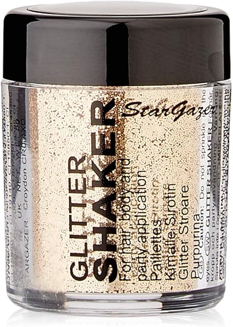 Stargazer Glitter Shaker, Gold. Cosmetic glitter powder for use on the eyes, lips, face, body, hair and nails.