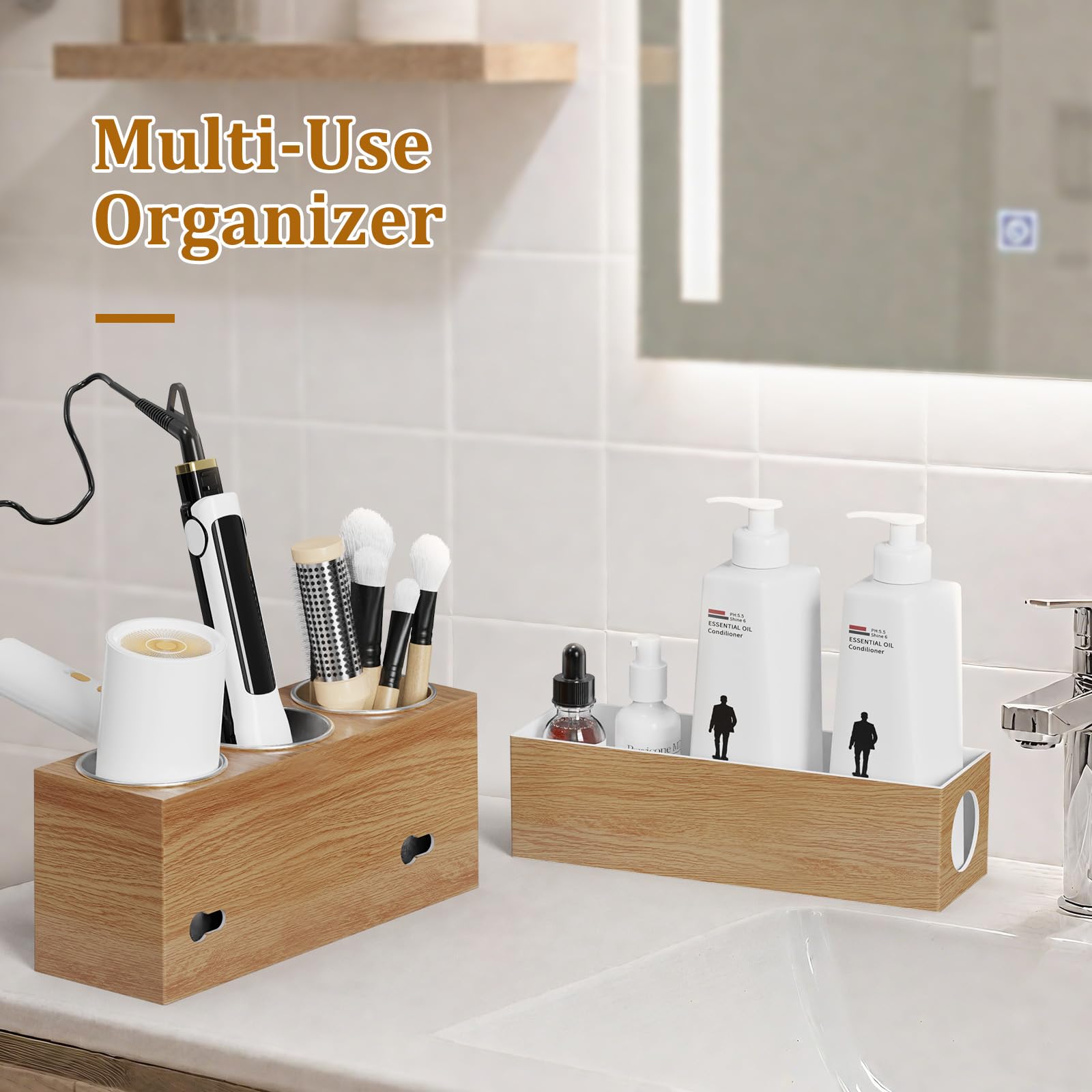 BYUNER Organizzatore per strumenti per capelli, supporto per asciugacapelli, per tavolo da toeletta, asciugacapelli e piastra per bagno, supporto portaoggetti (venature del legno)