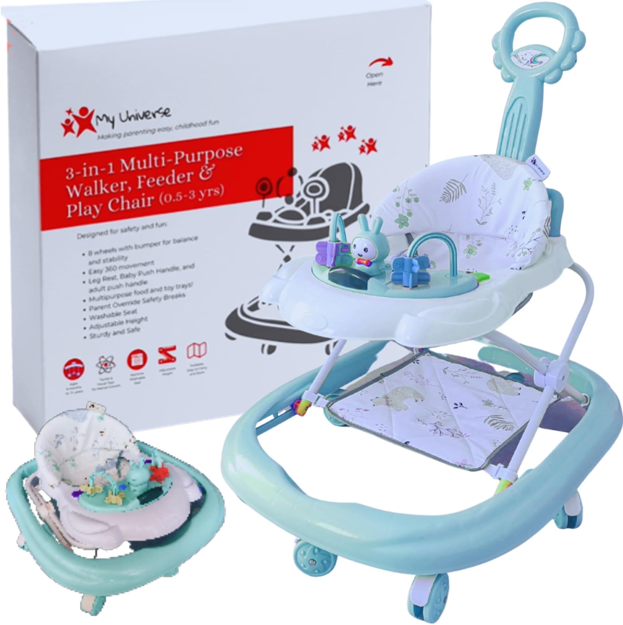 My Universe 4-in-1 Baby Walker with Activity, Toys, Food Tray, Safety Break | Safe, Functional Baby Chair, Baby Boy Girl Walkers | Multifunctional, Portable, For Growing Ages 0.5-3 Years (Ocean Green)