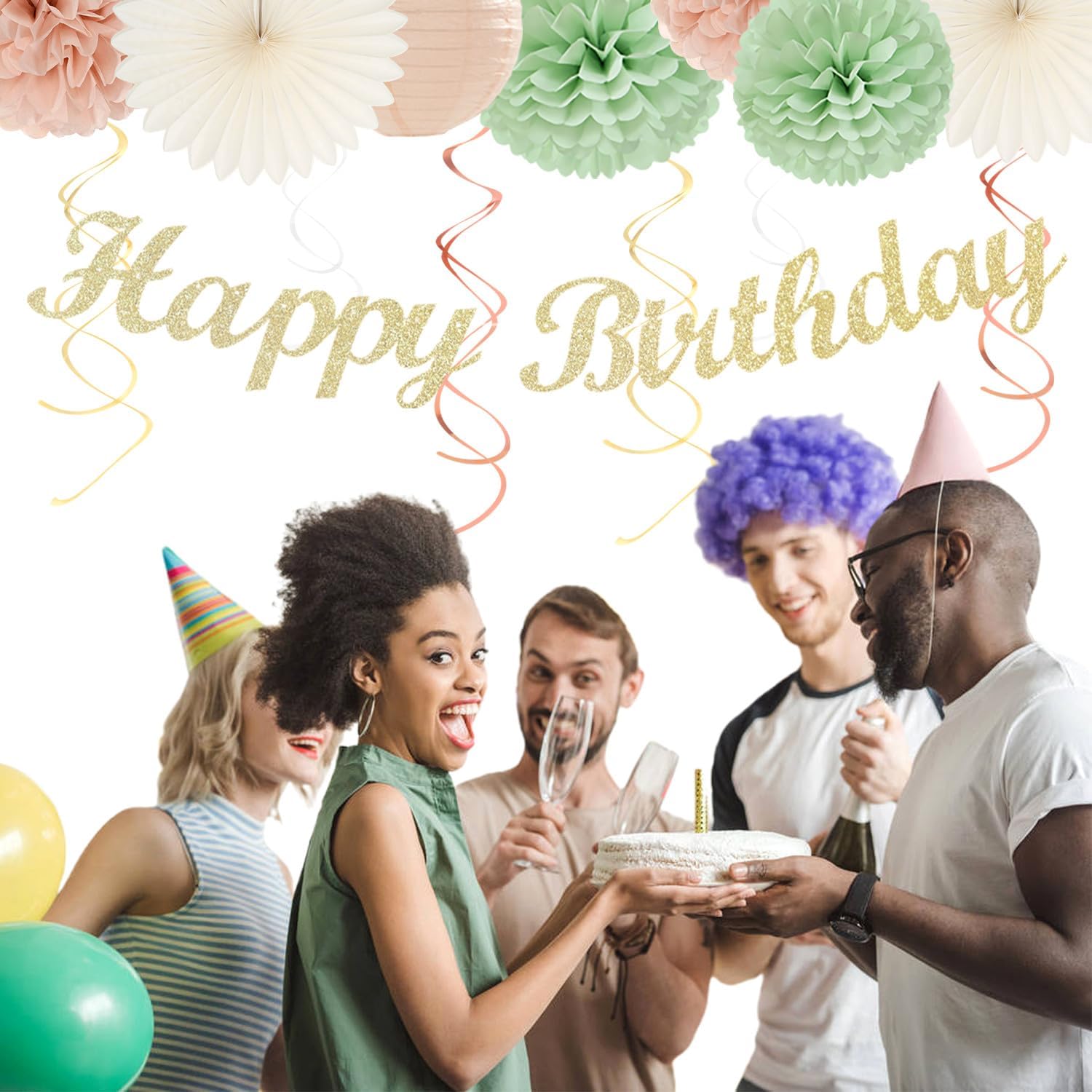 Sage-Green Pink First Happy Birthday Party-Decorations - 22pcs 18th Women Girls Paper Lanterns Streamers Banner Pom Poms,Spring Boho Aesthetic Bohemian Pastel Neutral Decor Backdrop Supplies Hugmoon - Image 7