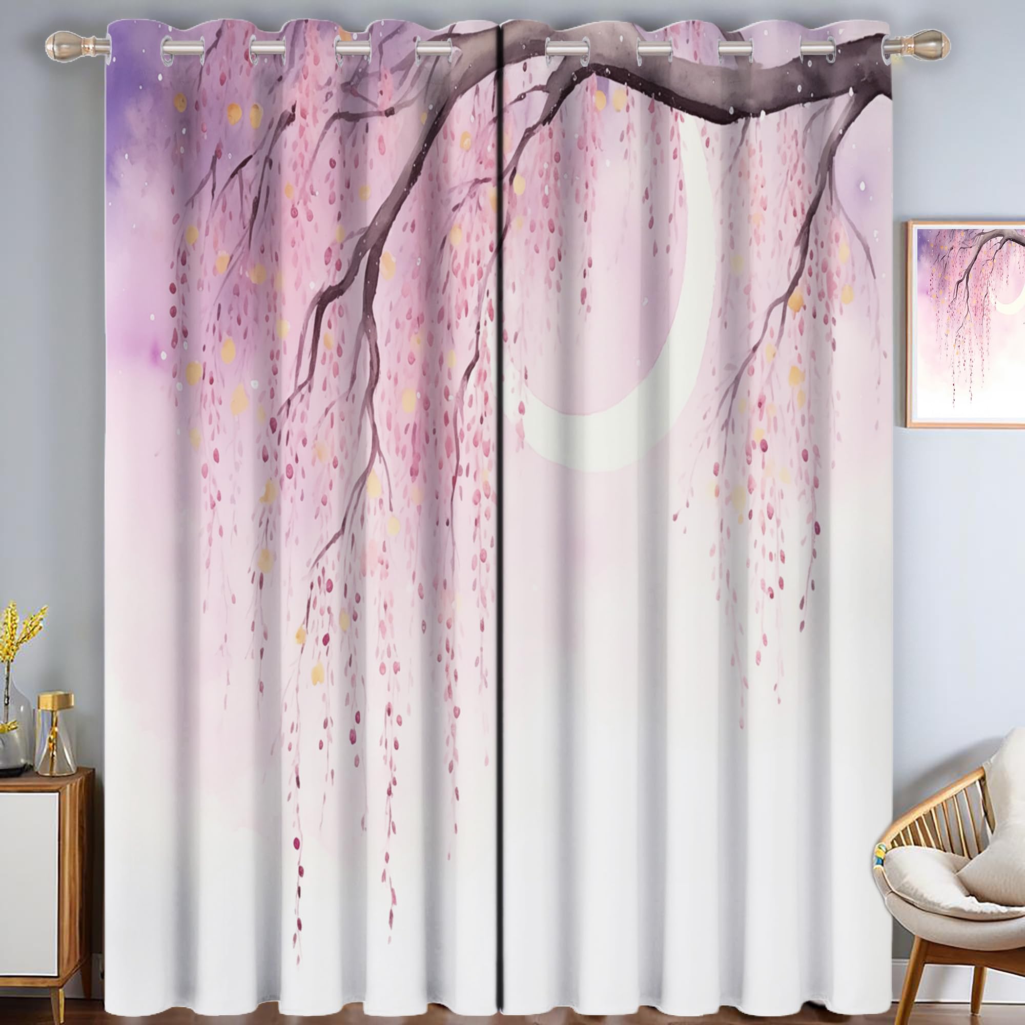 Rideaux Occultant Ciel Lunaire Saule Lot De 2 140Lx240H Cm, Rideau Thermique Anti Froid Poudre Blush Rideau Opaque Aquarelle Rêveuse À Oeillets Cloisons Draperies pour Chambre Salon